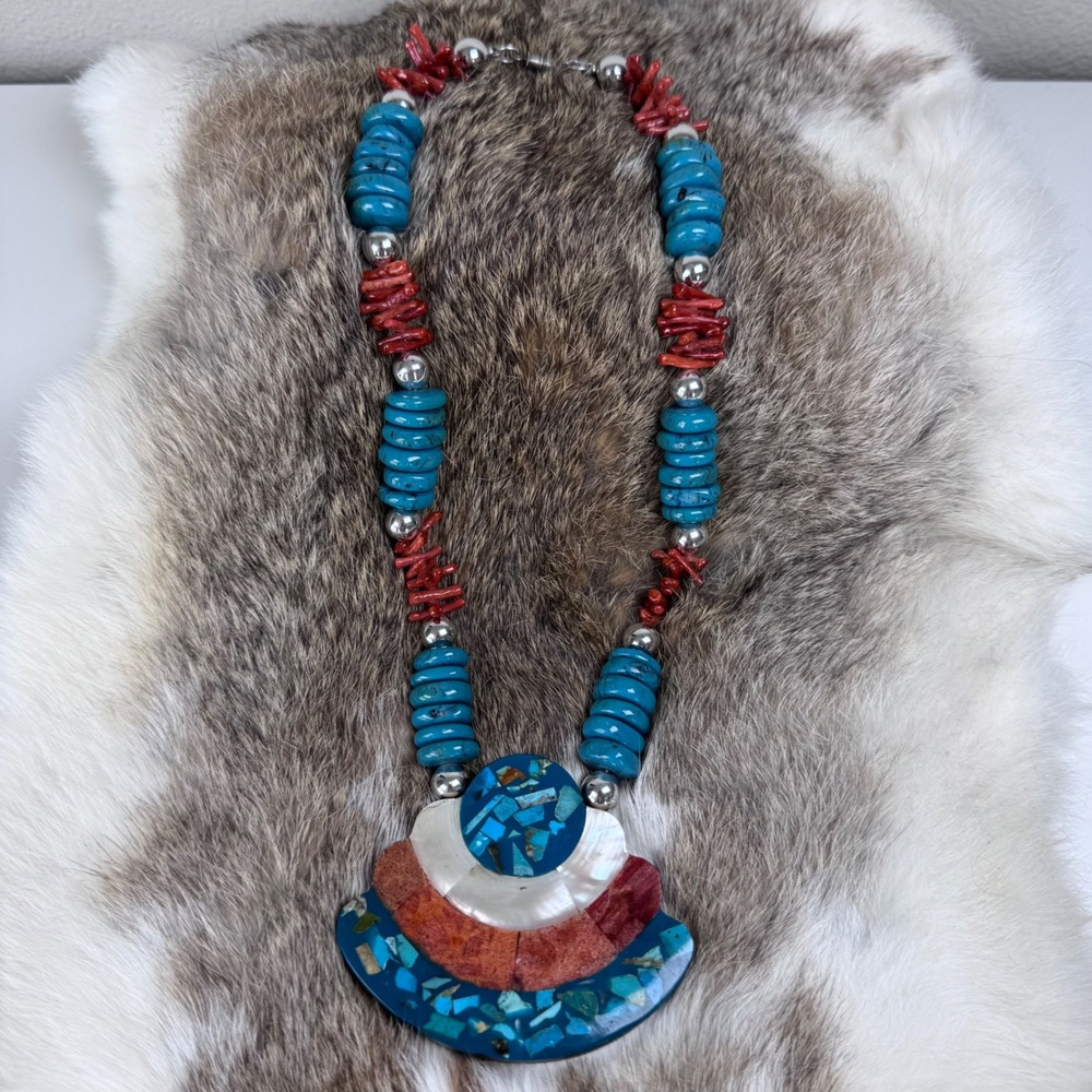 Santo Domingo Turquoise Coral Mosaic Inlay Pendant Necklace Western Chic Artisan